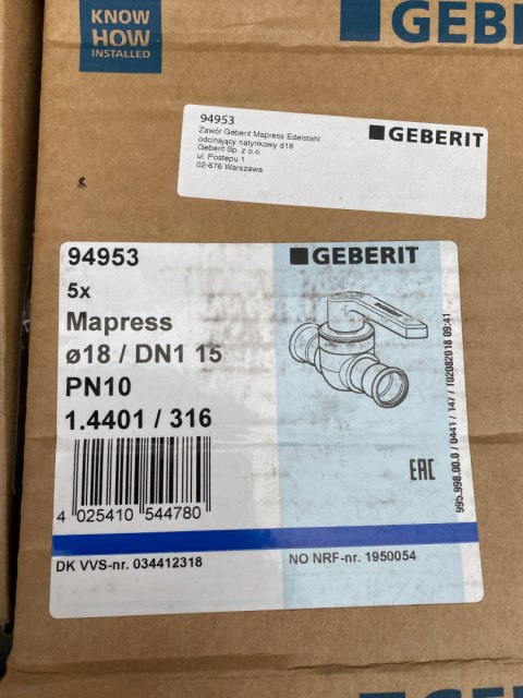Zawór Geberit Mapress Edelstahl d18 Zawór Geberit Mapress Edelstahl d18