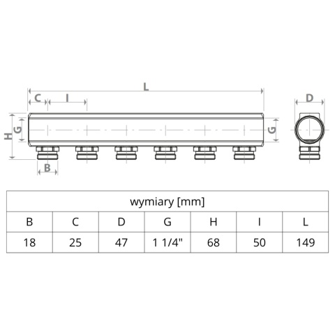 Belka rozdzielacza z gwintami metrycznymi (GZ) 1 1/4" x M18 (3 obwody)