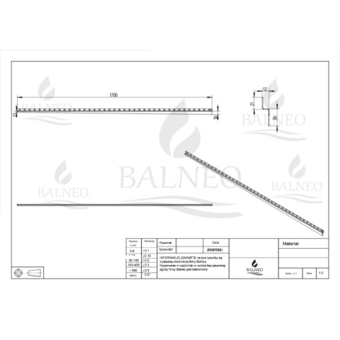 Listwa spadkowa przyścienna lewa 170 cm inox