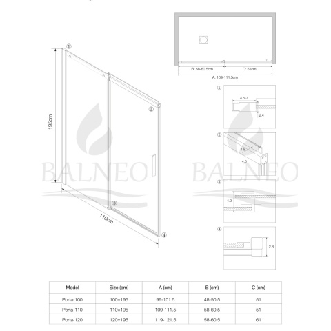 Drzwi prysznicowe rozsuwane Porta - GOLD 110 cm