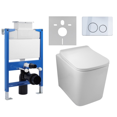 Zestaw podtynkowy WC stelaż Fix Frame Low z białą miską WC Luga i przyciskiem spłukującym Oxo satynowy Zestaw podtynkowy WC stelaż Fix Frame Low z białą miską WC Luga i przyciskiem spłukującym Oxo satynowy