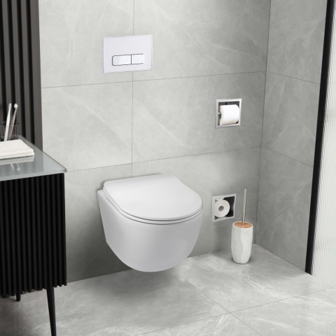 Zestaw podtynkowy WC stelaż Fix Frame Slim z białą miską WC Luna i przyciskiem spłukującym Ixo biały Zestaw podtynkowy WC stelaż Fix Frame Slim z białą miską WC Luna i przyciskiem spłukującym Ixo biały