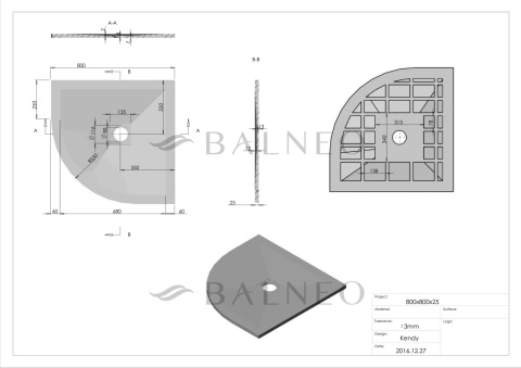 Brodzik kompozytowy półokrągły "seria FQ" Ciemnoszary 80x80x2,5cm