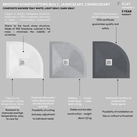Brodzik kompozytowy półokrągły "seria FQ" Ciemnoszary 90x90x2,5cm