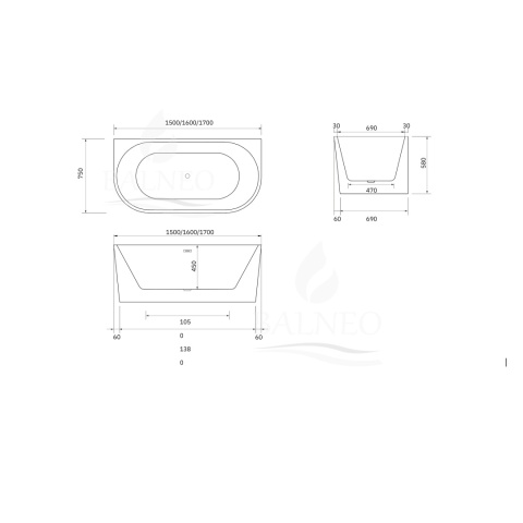 Wanna wolnostojąca przyścienna VIVA z pokrywką COPPER - 150 x 75 cm