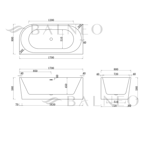 II gatunek Wanna wolnostojąca narożna prawa AVOLA 170 x 80 cm