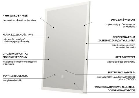 Lustro podświetlane 50x70 cm COSMO- Antypara, Ściemnianie, Zmiana Barwy