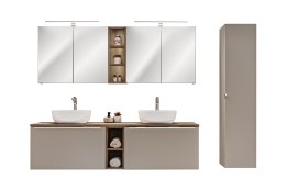 Zestaw meblowy Santa Fe Taupe, 180cm z blatem, 2 umywalkami nablatowymi Smile, szafką wysoką i 2 szafkami z lustrem