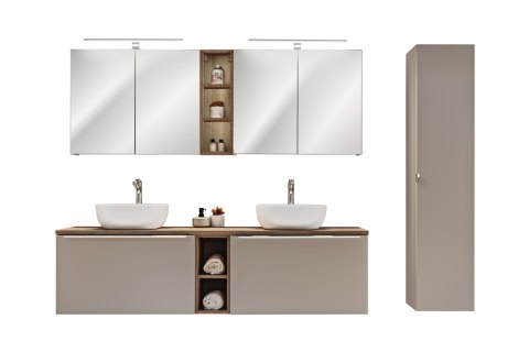 Zestaw meblowy Santa Fe Taupe, 180cm z blatem, 2 umywalkami nablatowymi Smile, szafką wysoką i 2 szafkami z lustrem