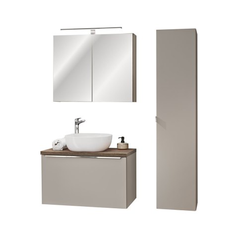 Zestaw meblowy Santa Fe Taupe, 80cm z blatem, umywalką nablatową Smile, szafką wysoką i szafką z lustrem