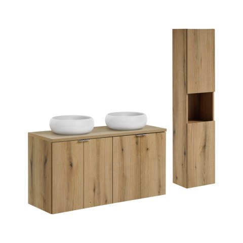 Zestaw meblowy Nova Oak, 120cm z blatem, 2 umywalkami nablatowymi Wiki i szafką wysoką