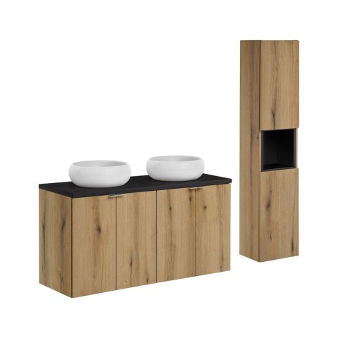 Zestaw meblowy Nova Oak, 120cm z blatem, 2 umywalkami nablatowymi Wiki i szafką wysoką