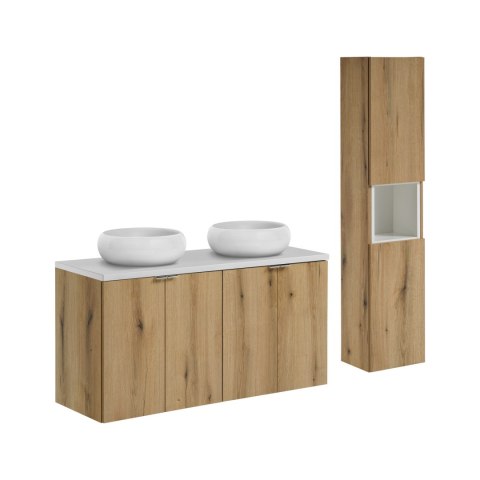 Zestaw meblowy Nova Oak, 120cm z blatem, 2 umywalkami nablatowymi Wiki i szafką wysoką