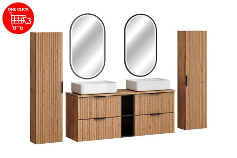Zestaw meblowy Adel Oak, 140cm z blatem, dwoma umywalkami nablatowymi Magic, szafkami wysokimi i lustrem LED