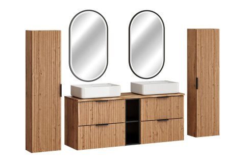 Zestaw meblowy Adel Oak, 140cm z blatem, dwoma umywalkami nablatowymi Magic, szafkami wysokimi i lustrem LED