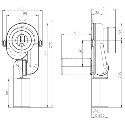 Syfon pisuarowy DN50 z nastawnym obrotowo króćcem odpływowym do 90°