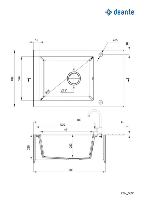 Zlewozmywak szklano-granitowy 1-komorowy z ociekaczem