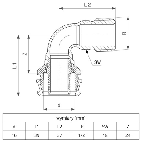 Kolano przejściowe VIEGA RAXOFIX 16x1/2'' 90°