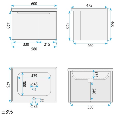 Szafka łazienkowa z umywalką REA RIVO LIGHT DB86-60L-3 60 cm